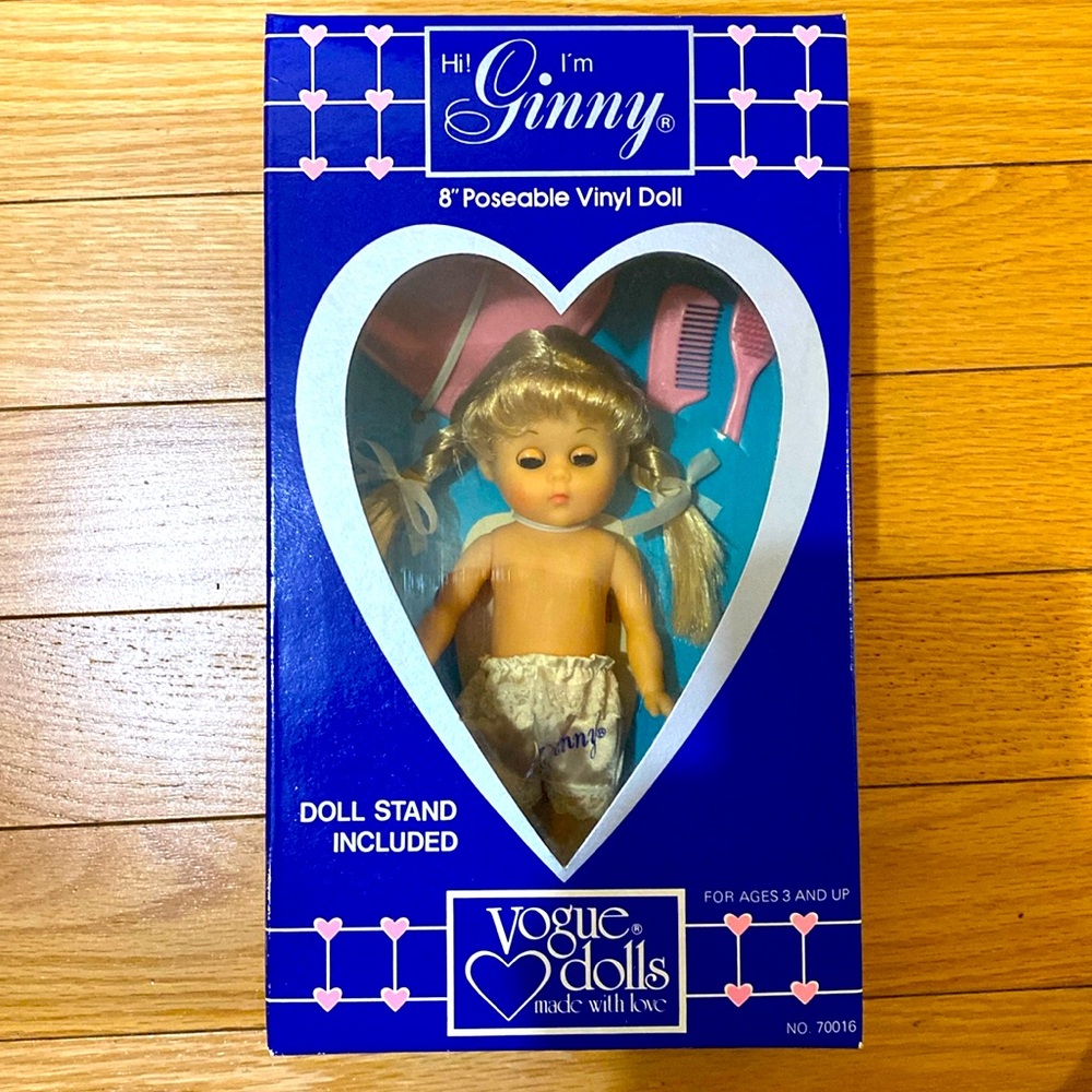 Ginny Doll 8”posesble Vinyl Doll. Stand included. No. 70016. NIB
